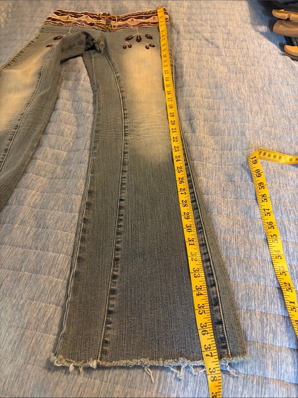 Dollhouse Light Blue Faded Flare Jeans with Embroidered Multicolor Waist - Picture 7 of 8